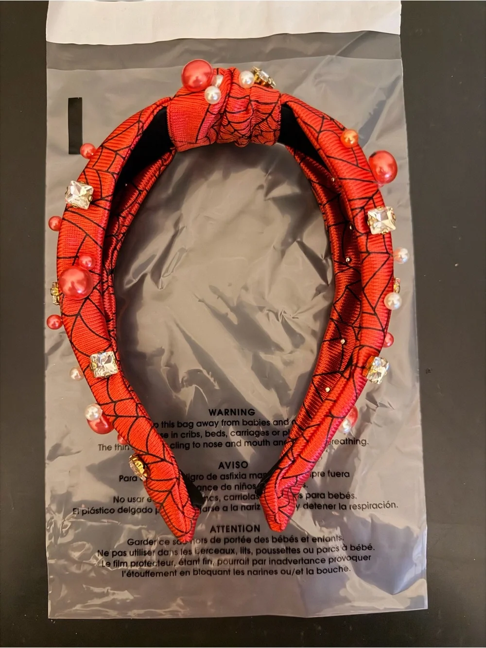 Red Knotted Headband with Pearls and Crystal Accents